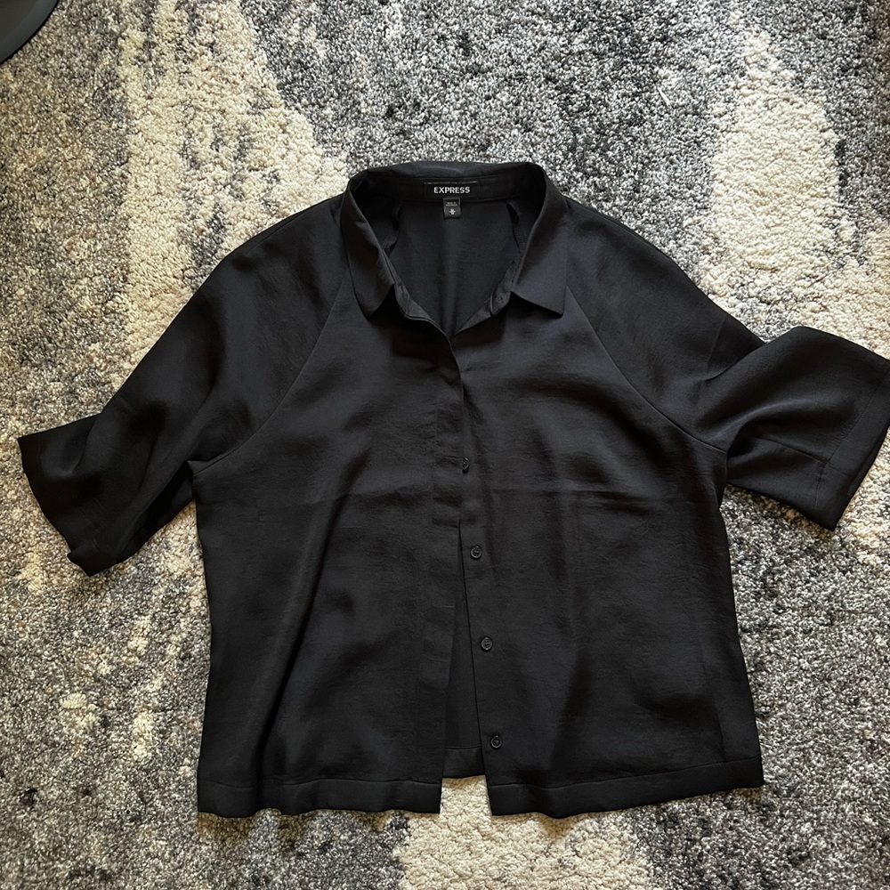 Express Black Boxy 3/4 Sleeve Button Down Shirt